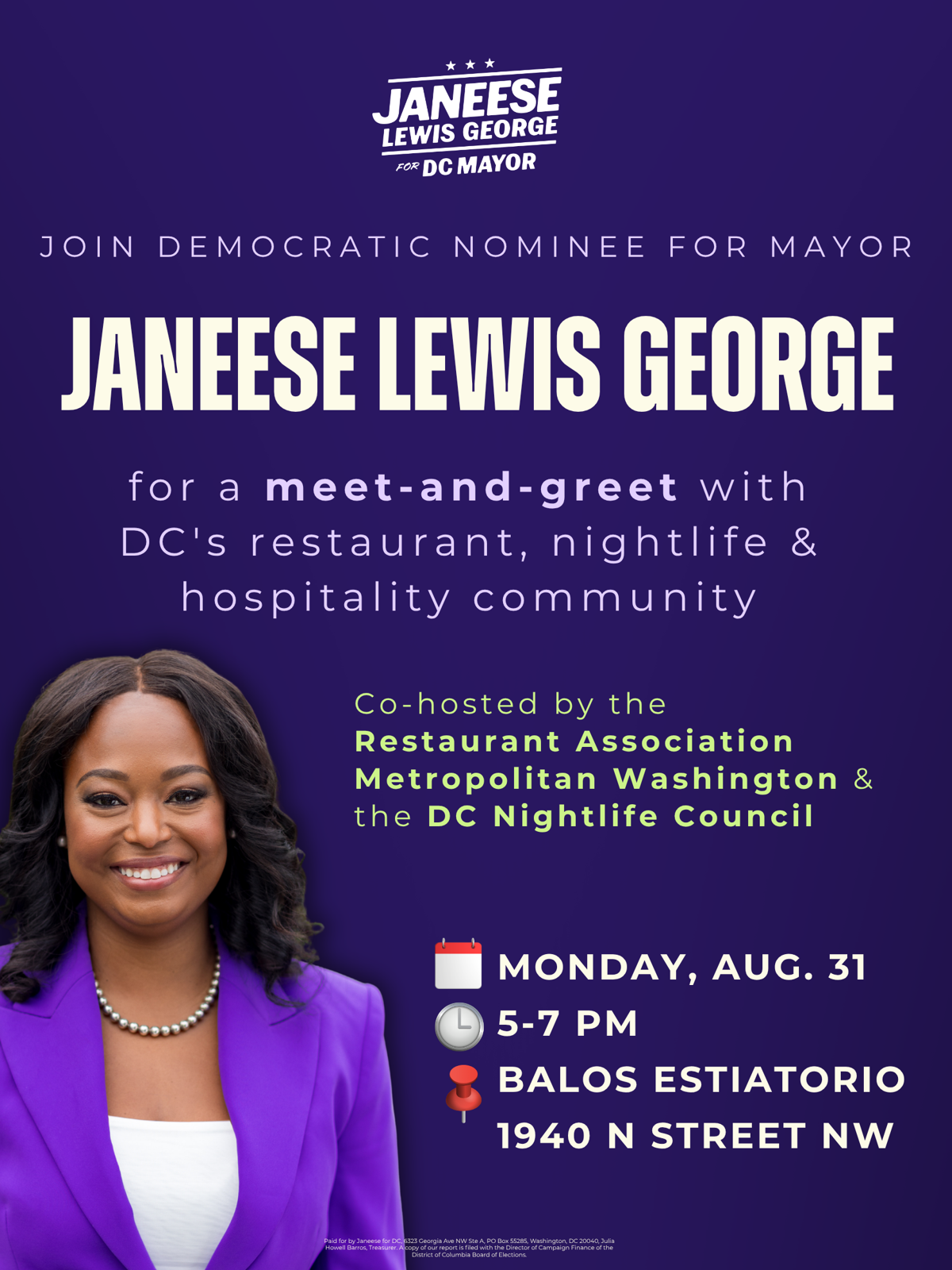 Save the date: meet-and-greet with Janeese Lewis George, Monday August 31, 2026, 5-7 PM at Balos Estiatorio, 1940 N Street NW, Washington, DC.